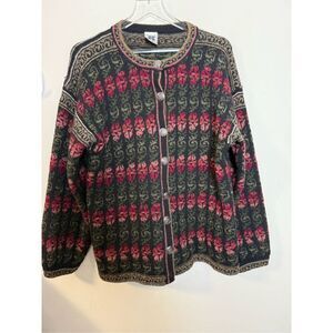 Icelandic Design Womens M/L Large 100% Wool Knit Noric Floral Cardigan Button Sw